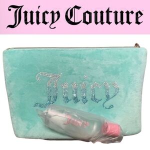 NEW Juicy Couture Light Blue Velour Cosmetic Makeup Travel Bag & Bottle